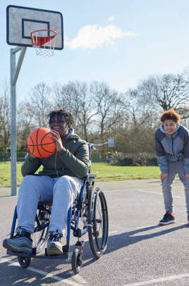 Teenage Boy In Wheelchair With Friends Playing Game Of Basketball In Park Together